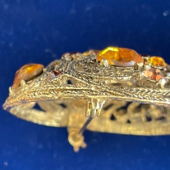 Vintage AMBER AND TOPAZ RHINESTONE BROOCH Gold Tone Braided Pot Metal Pre 1950's - Picture 7 of 12